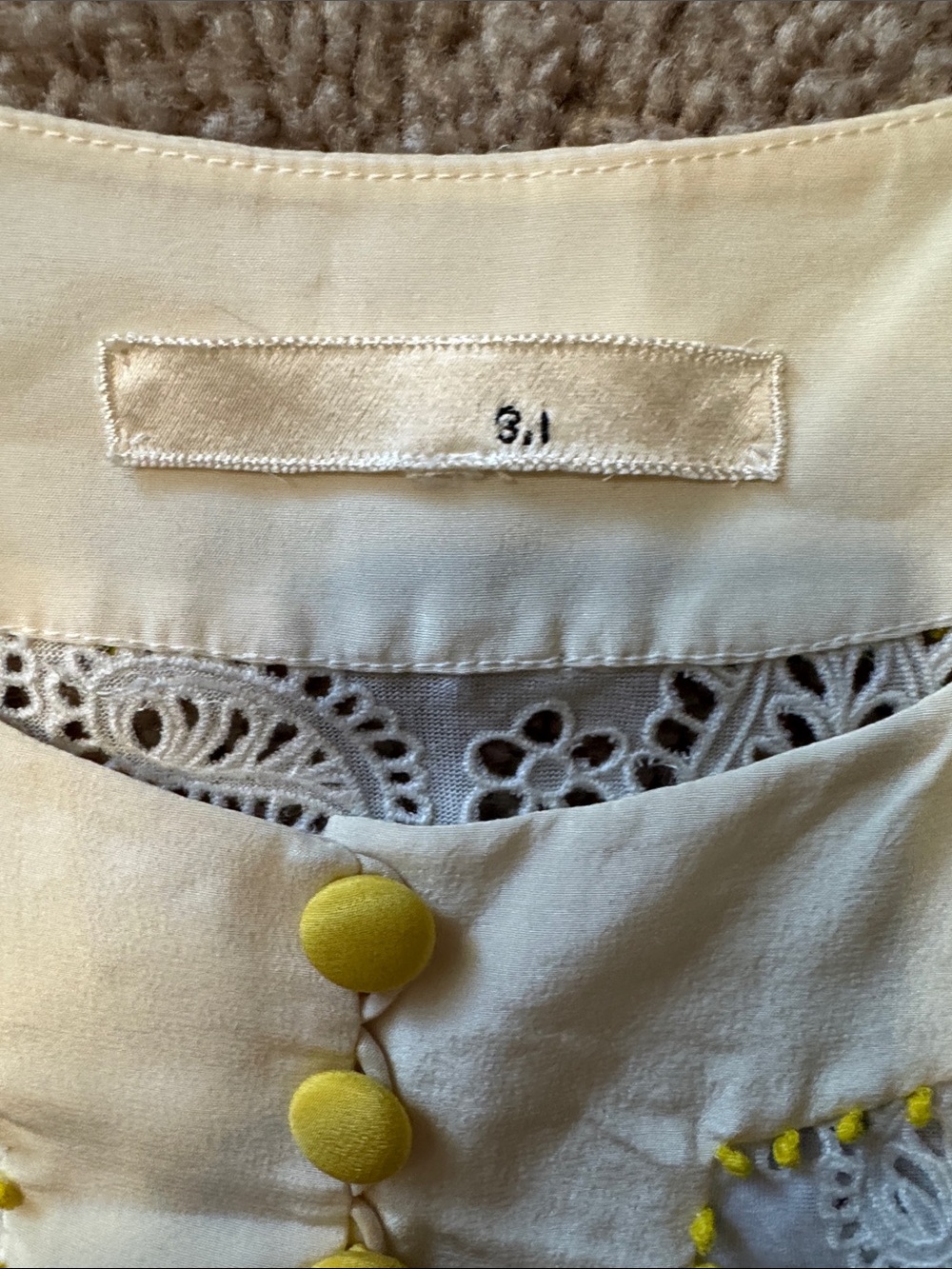 Cream Eyelet Tunic with Yellow Trim and Covered Buttons - Picture 2 of 2